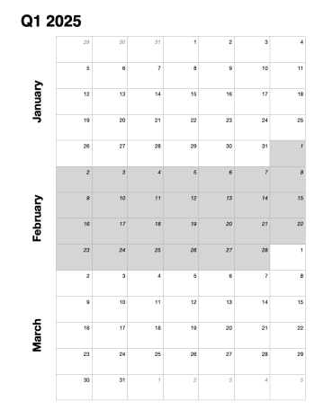 2025 Vertical Quarterly Calendar Template for Pages